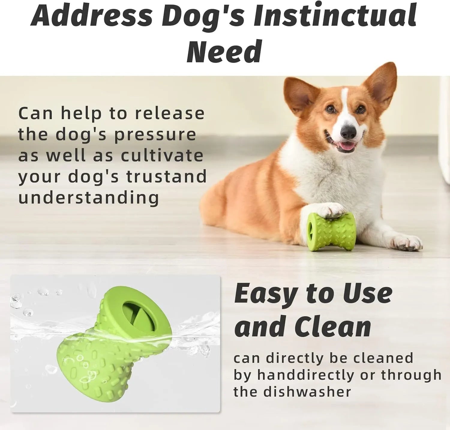 Natural rubber treat dispensing bone dog toy in blue colour with hollow centre and food leakage holes