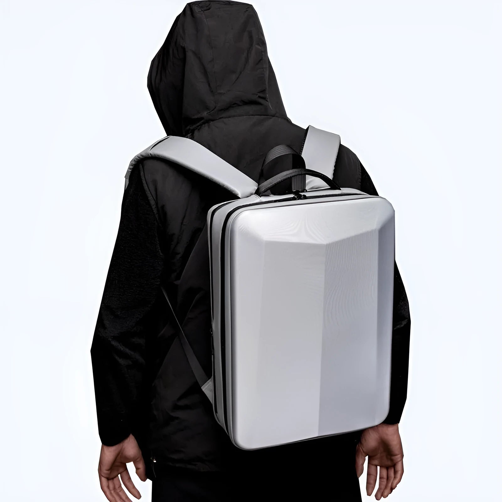 Men's waterproof business backpack with curved shoulder strap in black and silver white colours