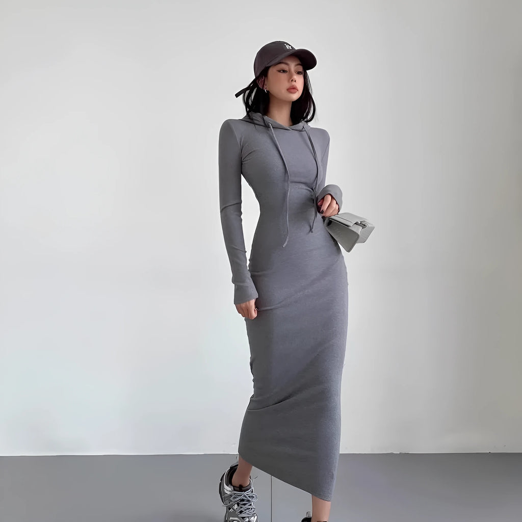 Women's light grey hooded long sleeve sheath dress with high waist on a model