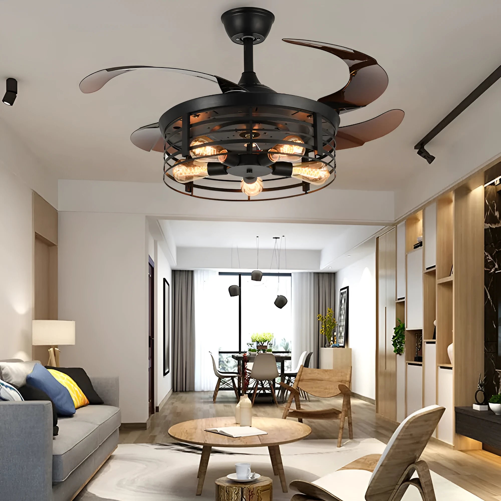 42-inch industrial American retro ceiling fan lamp with invisible blades and remote control