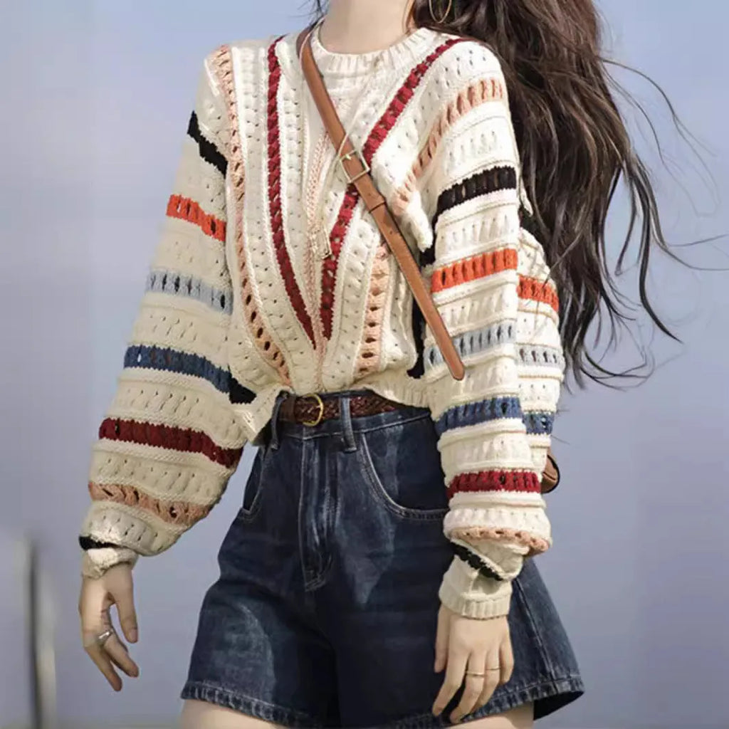 Women's retro rainbow striped sweater with batwing sleeves in loose fit casual style