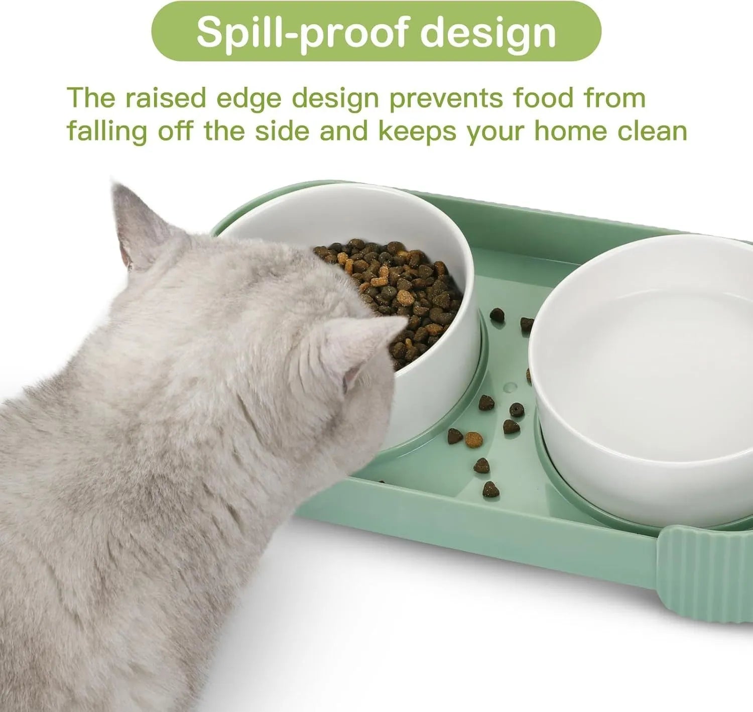Green ceramic raised cat bowl set with two tilted bowls on a non-slip base
