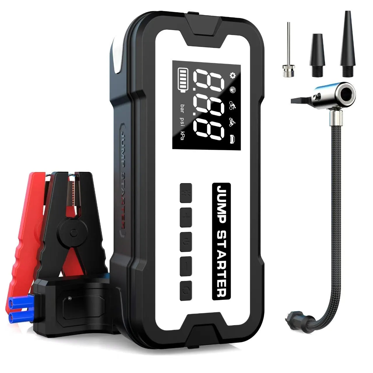 Automobile emergency start power source with clips and LED light on a grey background