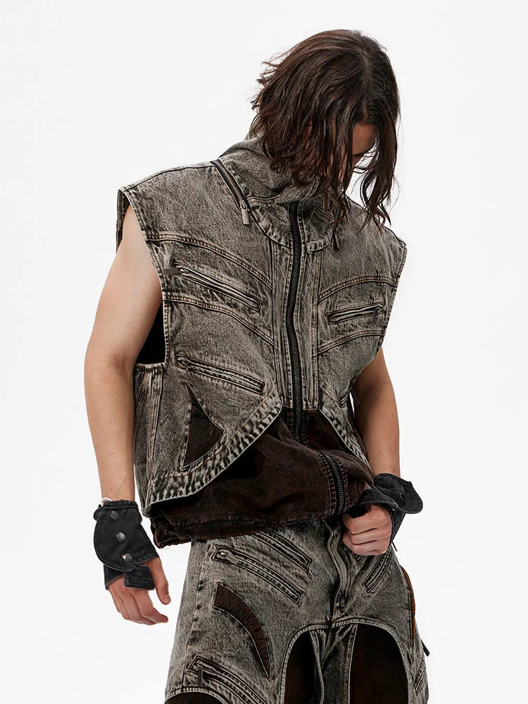 Men's splicing denim vest jacket with front zipper and sleeveless summer design