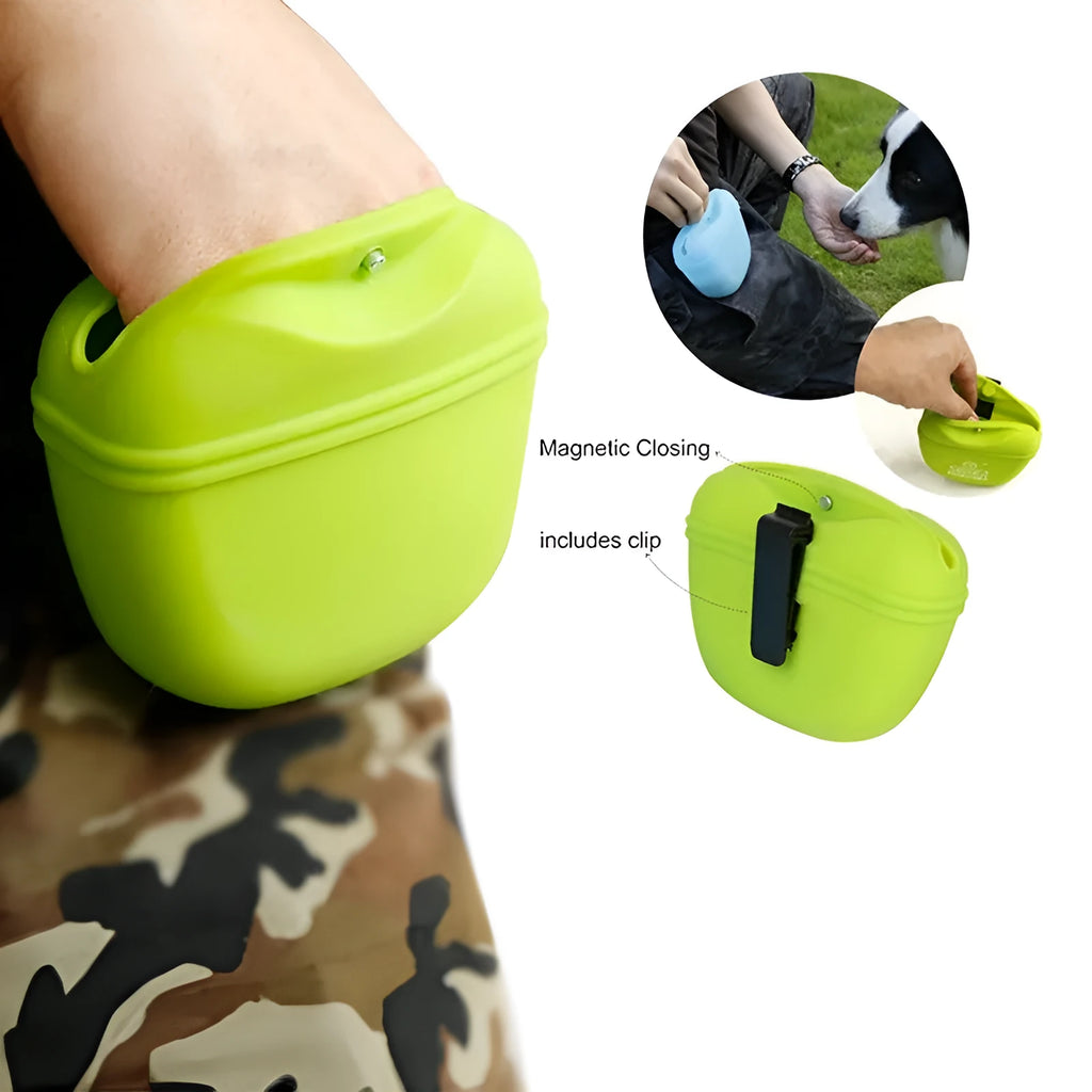 Silicone dog treat training waist bag with clip and magnetic closure in assorted colours