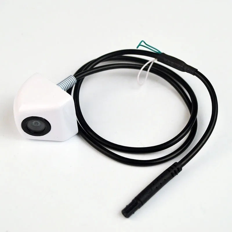 HD car reversing camera with metal housing showing integrated cable and screw mounting