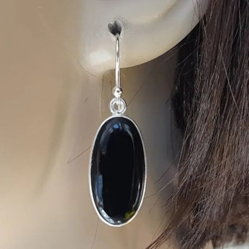 Black electroplated 925 silver women's earrings with oval agate pendant in geometric Chinese style