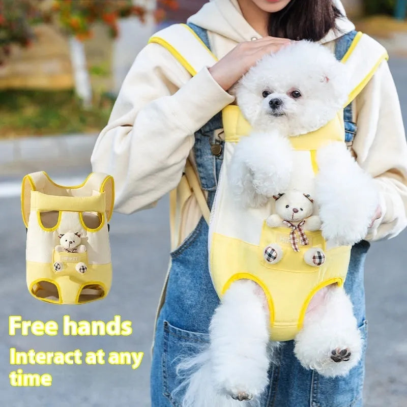 Soft cartoon animal design pet chest bag in canvas, shown in multiple colour stitching options.