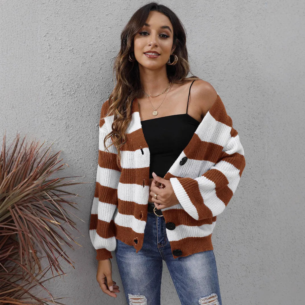 Women's striped deer plush cardigan with button front closure in blue colour