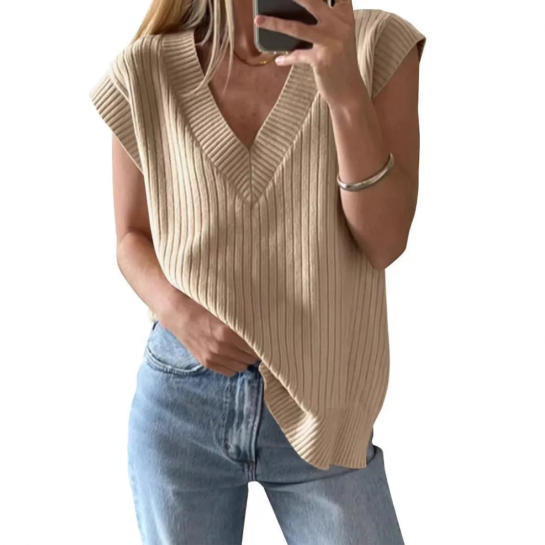 Camel and white V-neck sleeveless pullover vest with loose fit and striped or plaid patterns