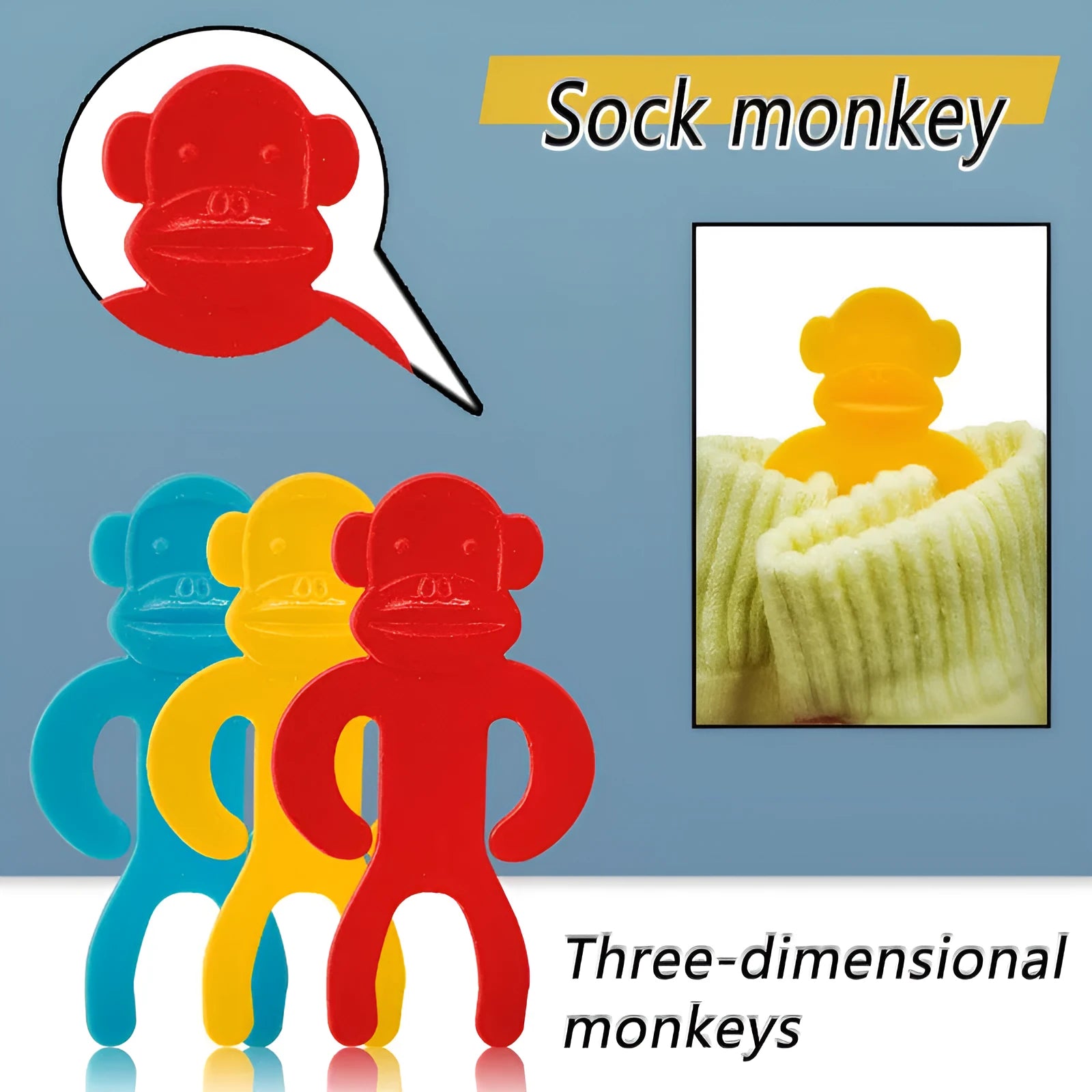 Plastic sock storage clips for laundry organisation in blue, red and yellow colours