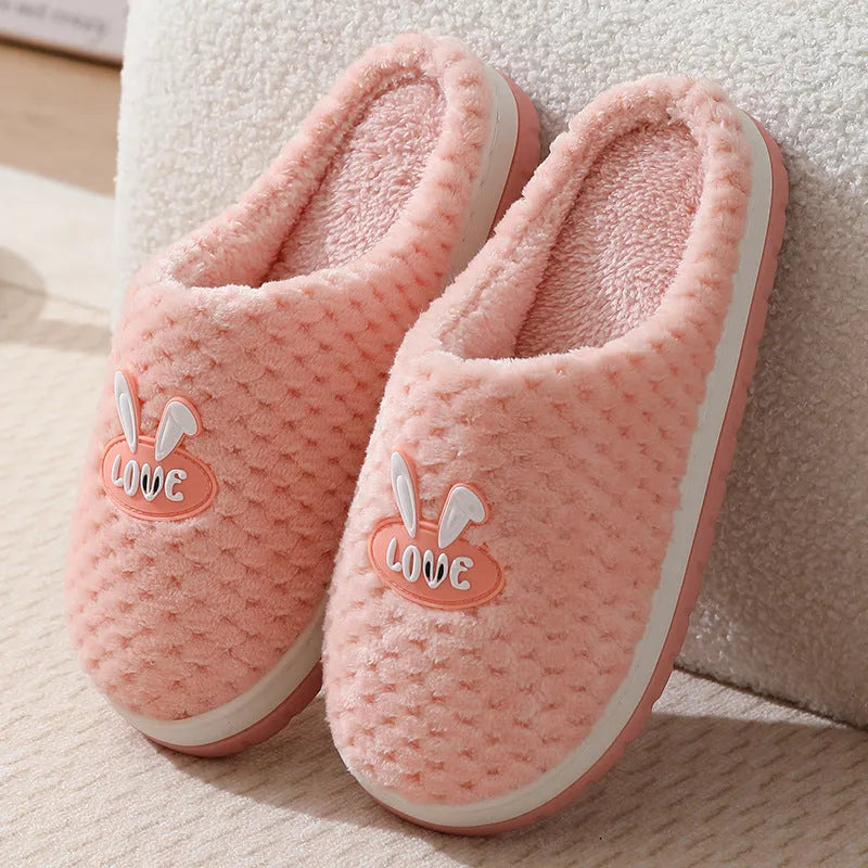 Women's rabbit plaid design artificial fur house slippers with thick non-slip rubber sole
