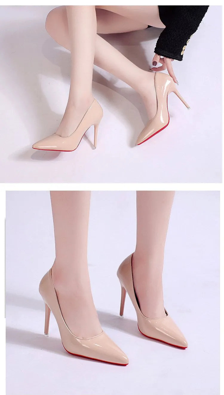 Solid colour women's pointed toe stiletto heel pump shoe in a choice of apricot, black, pink, or white.