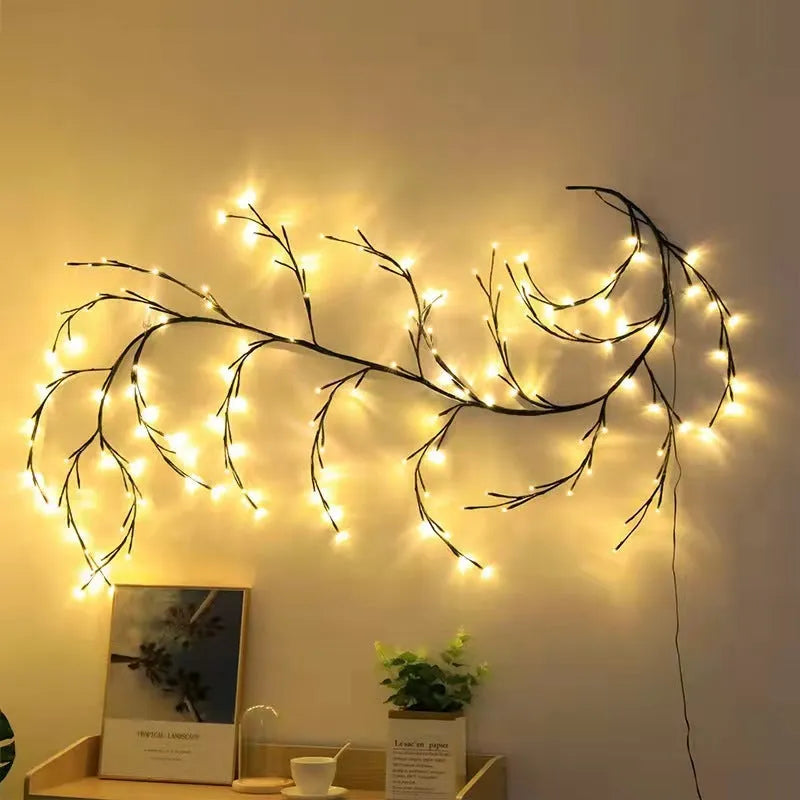 Flexible LED vine Christmas garland with birch bark texture and warm white lights for wall decor