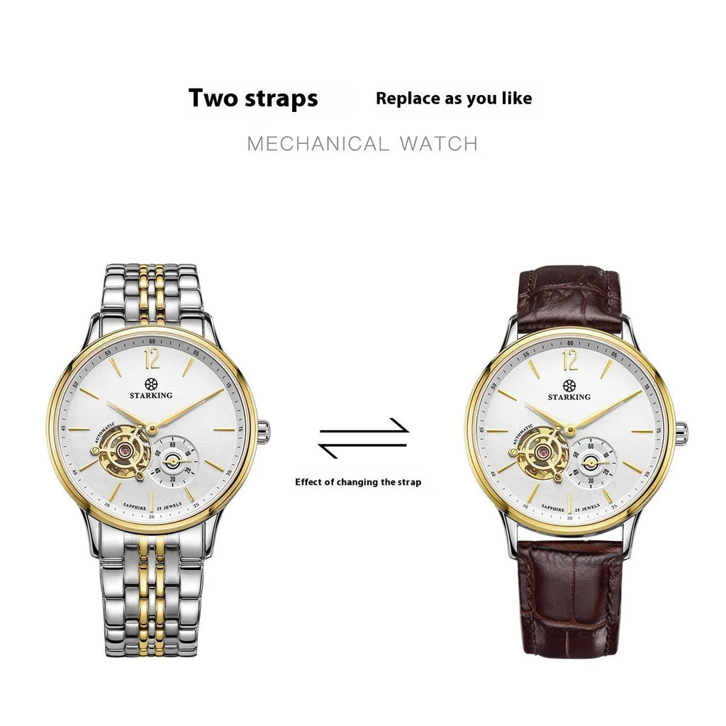 Automatic mechanical men's waterproof business watch with sapphire crystal glass and genuine leather strap