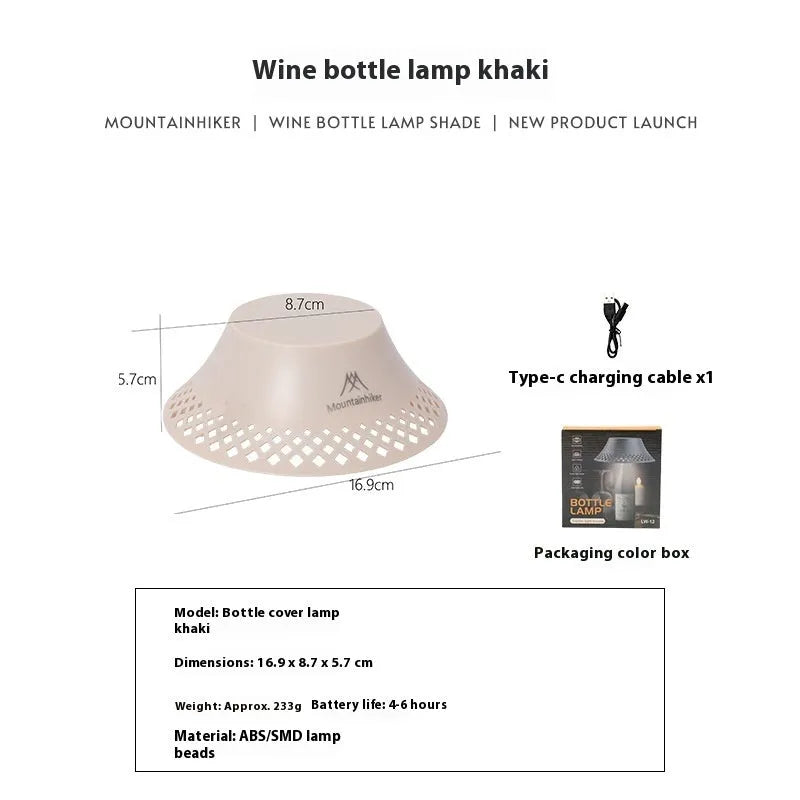Beige wine bottle shaped camping lantern with USB-C port and control gear on top.
