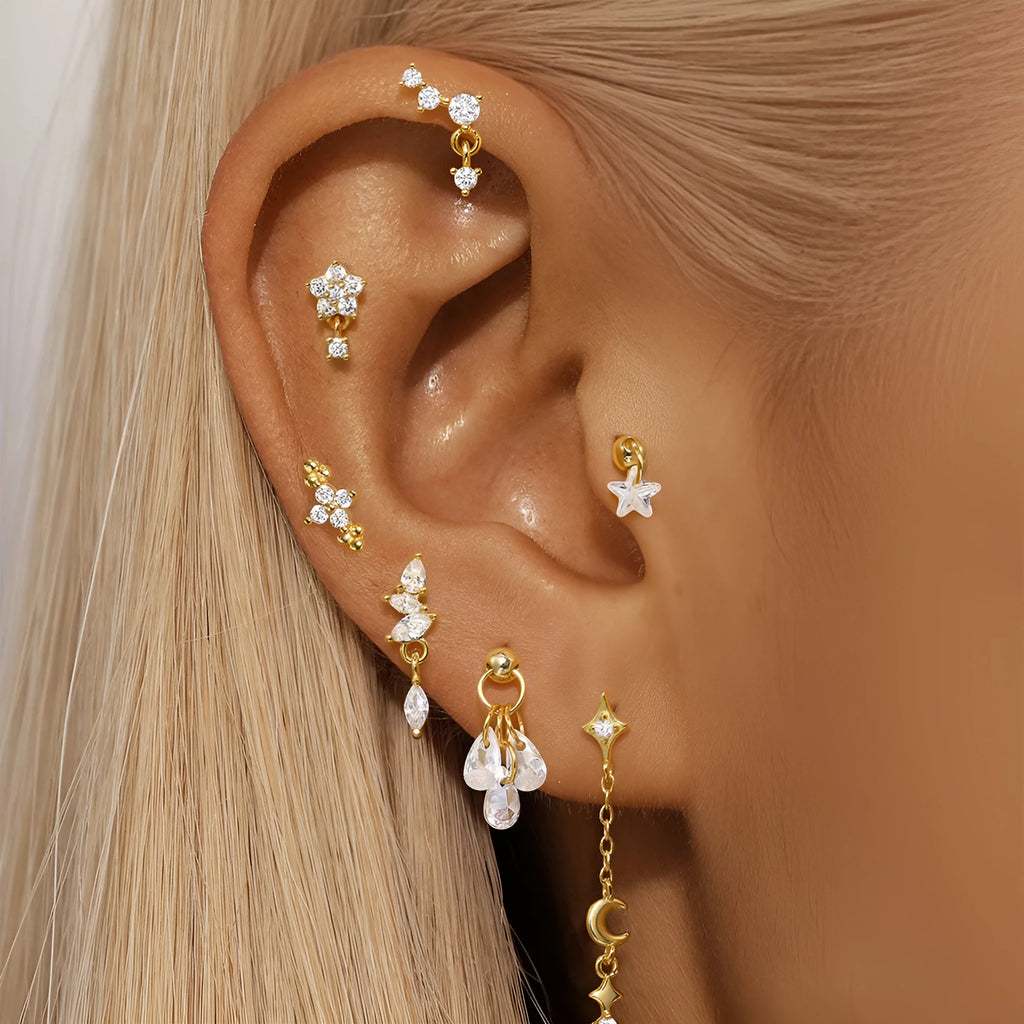S925 sterling silver geometric moon and star earrings with diamond embedded detail in gold colour