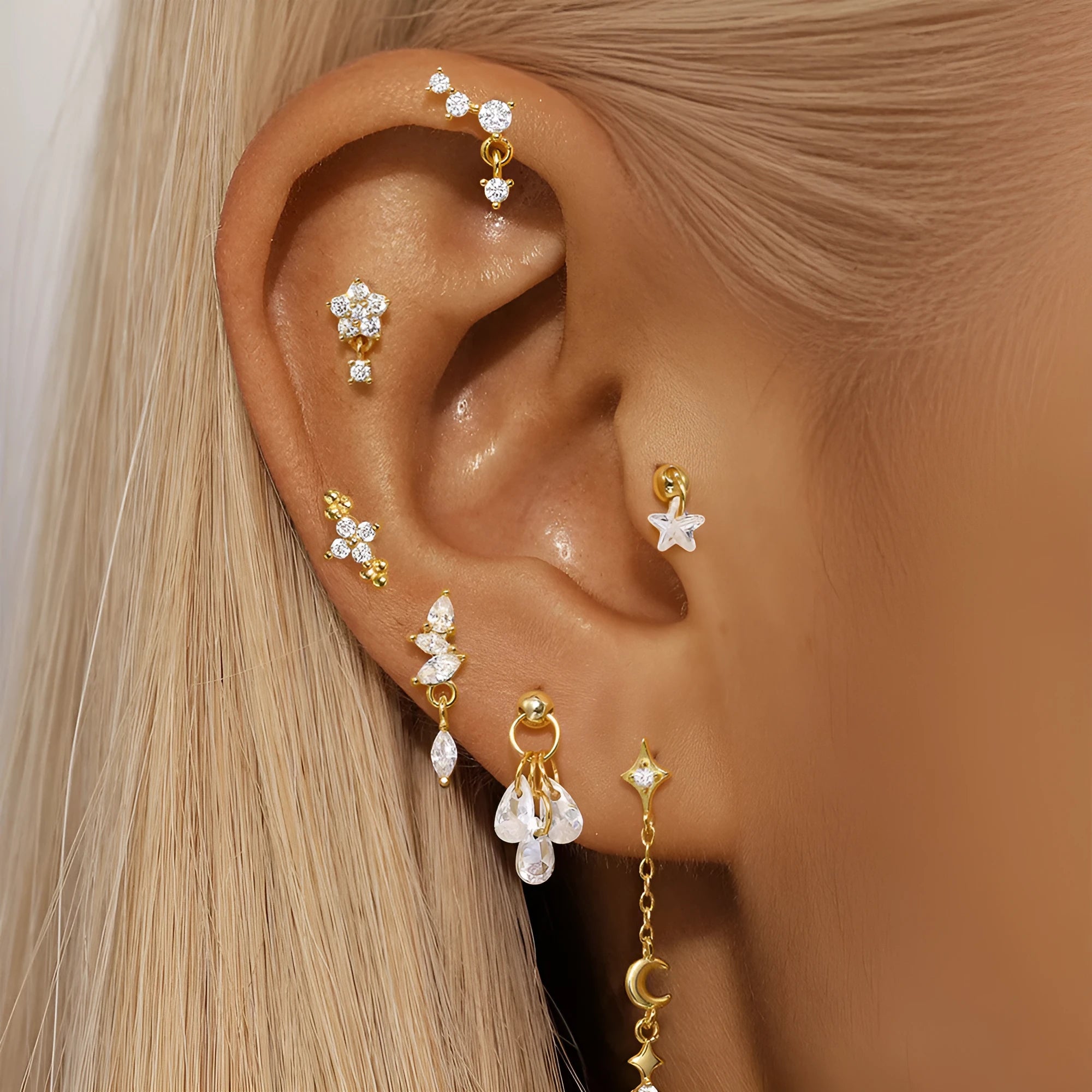S925 sterling silver geometric moon and star earrings with diamond embedded detail in gold colour