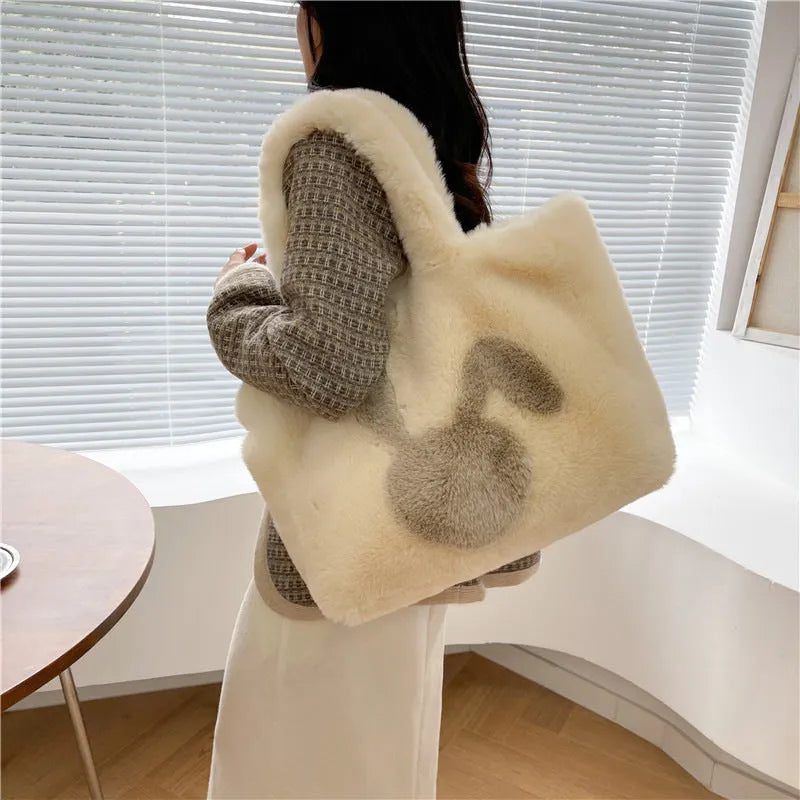 Cartoon rabbit ears plush tote shoulder bag in solid colour with large capacity