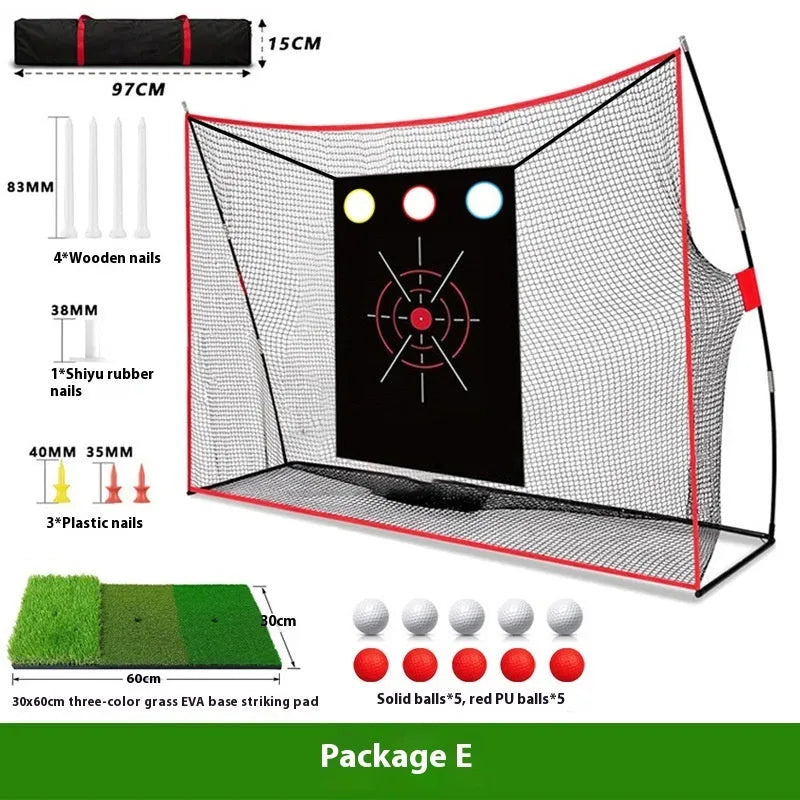 Golf wedge training net with three-hole cross target and straw practice mat