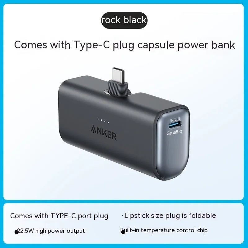 Compact capsule-shaped power bank in multiple colours with a foldable USB Type-C cable