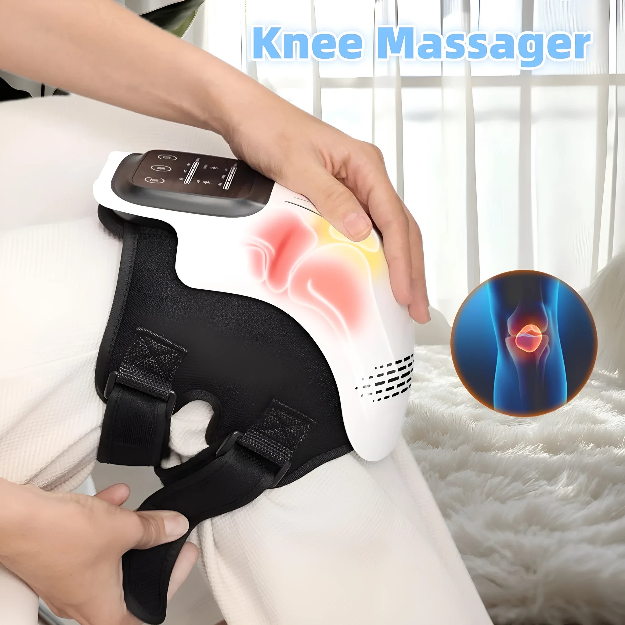 White electric knee massager unit showing controls, padding, and USB charging port.