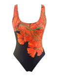 Orange floral print slim fit backless one-piece swimsuit on a mannequin.