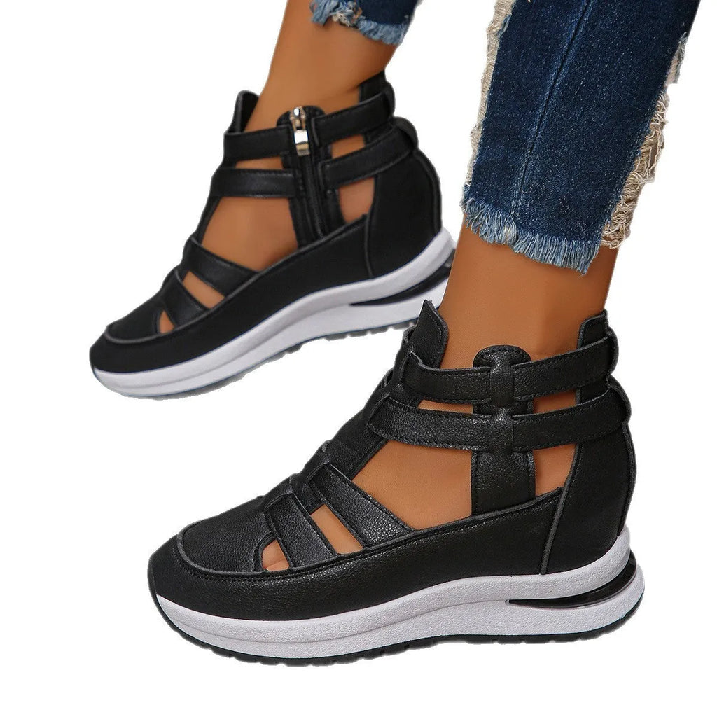 Women's black platform sandals with closed-toe hollow-out design and Velcro fastening