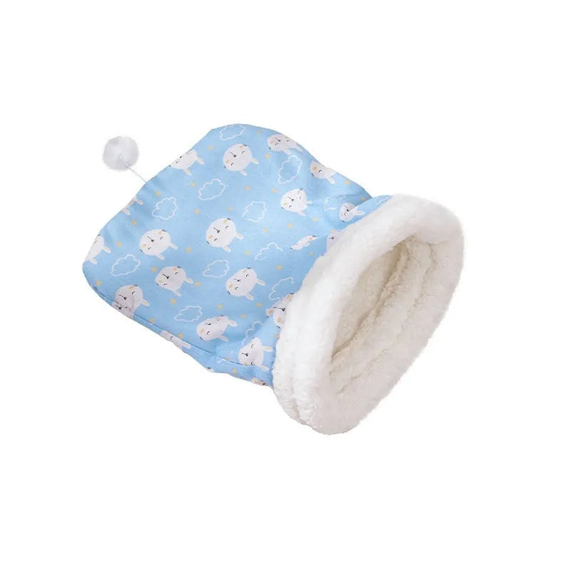 Flannel cat sleeping bag bed measuring 50 by 40 cm in a blue rabbit pattern