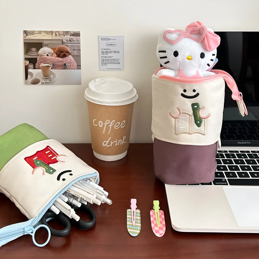 Korean style collapsible pencil case with cartoon design in Oxford fabric