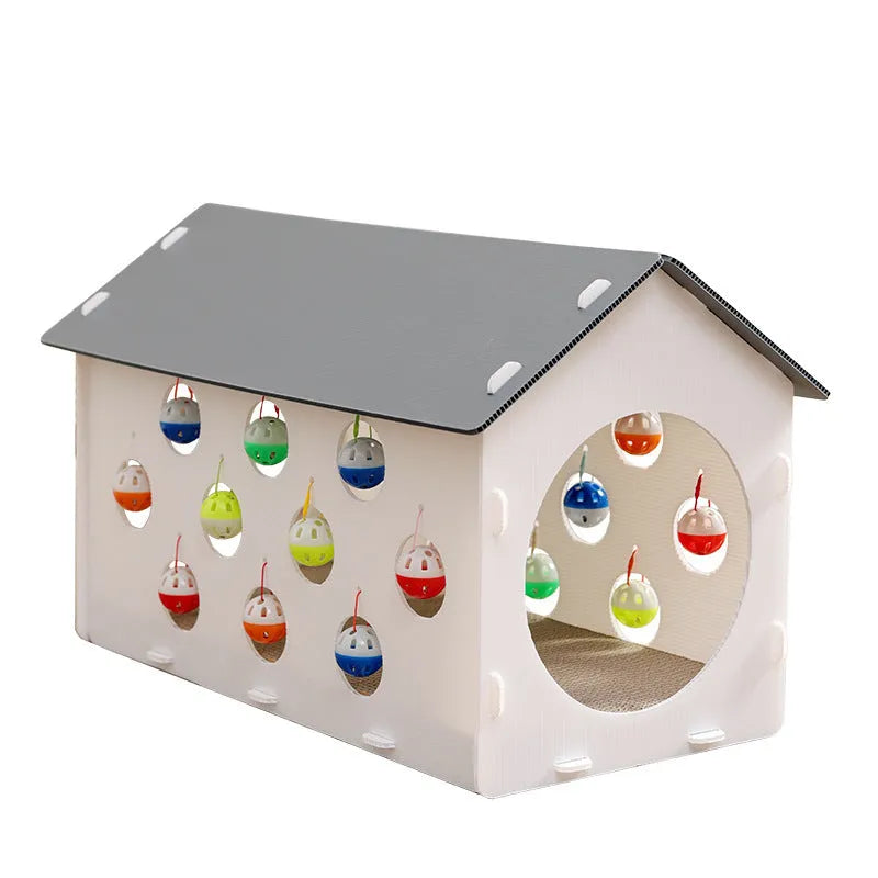 Plastic cat scratch board integrated with nest area, tunnel and bell ball toy components