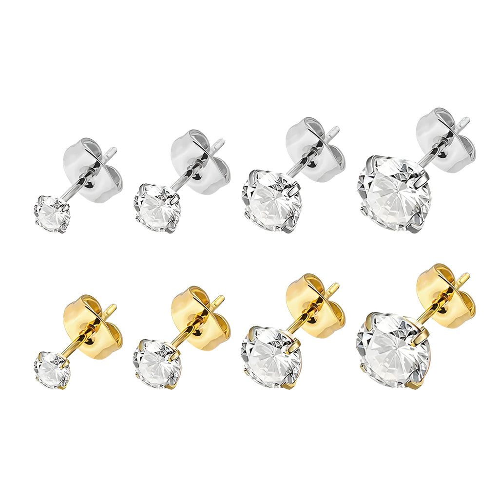 Square geometric stainless steel stud earrings with a single round zircon stone in gold or steel colour.