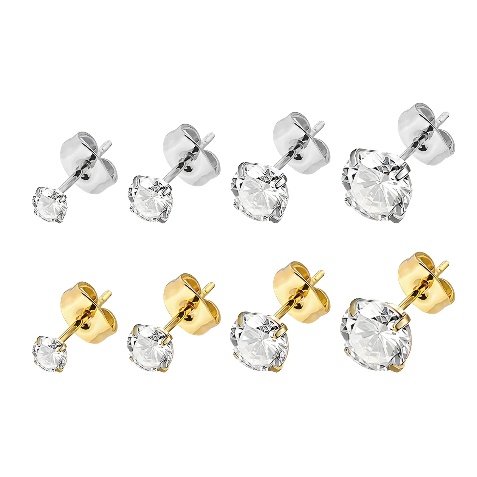 Square geometric stainless steel stud earrings with a single round zircon stone in gold or steel colour.