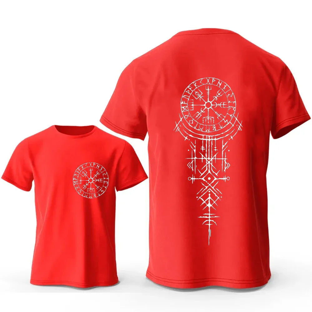 Man wearing a grey T-shirt with a printed Viking rune compass and smiling face design on the front.