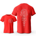 Man wearing a grey T-shirt with a printed Viking rune compass and smiling face design on the front.
