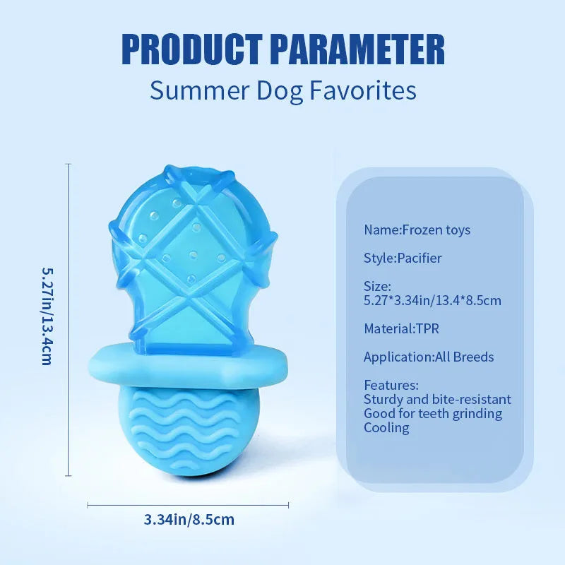 Water-filled dog popsicle cooling toy set showing pacifier, popsicle and ring shapes for summer pet relief