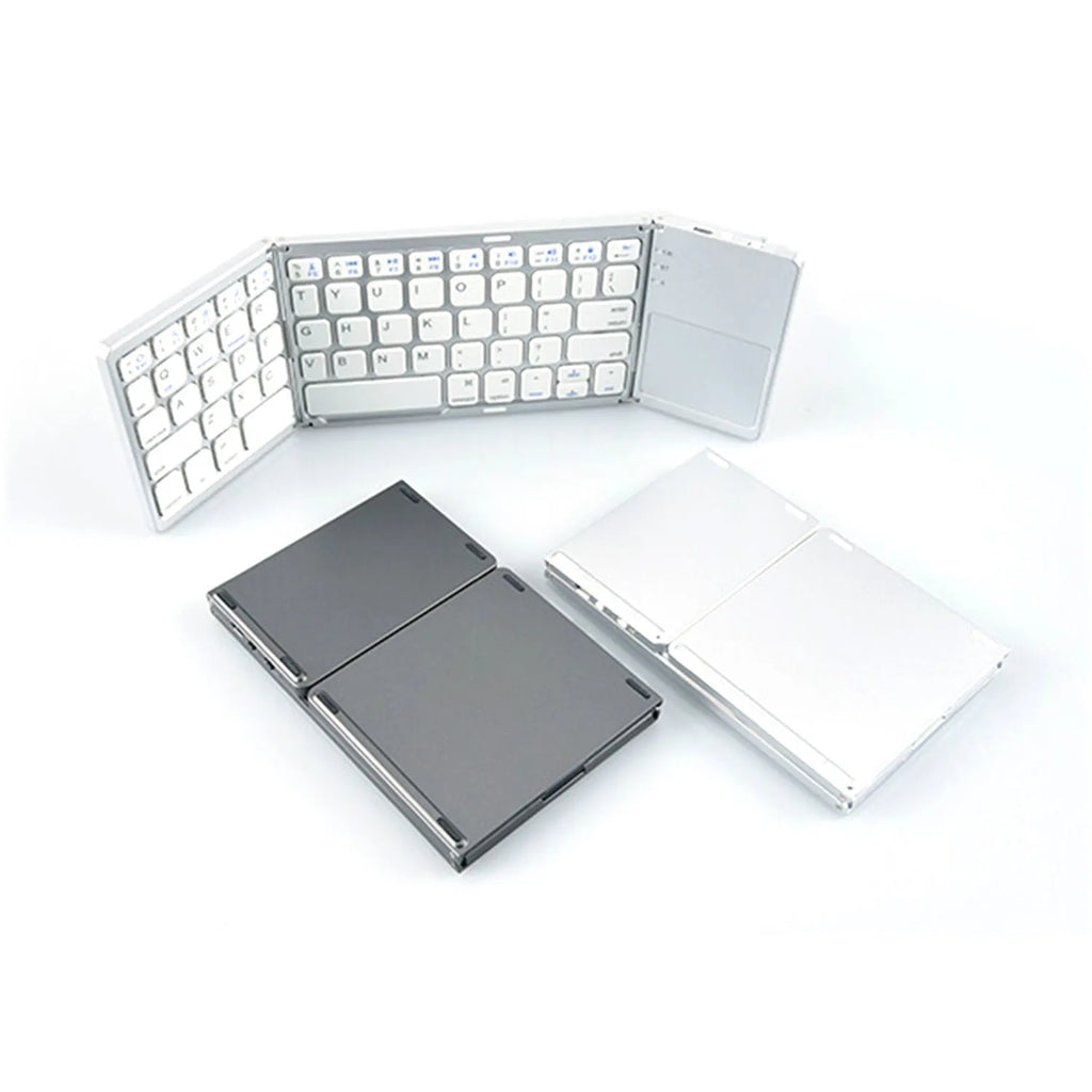 A closed black mini tri-fold Bluetooth keyboard showing its compact, slim 0.8cm profile.