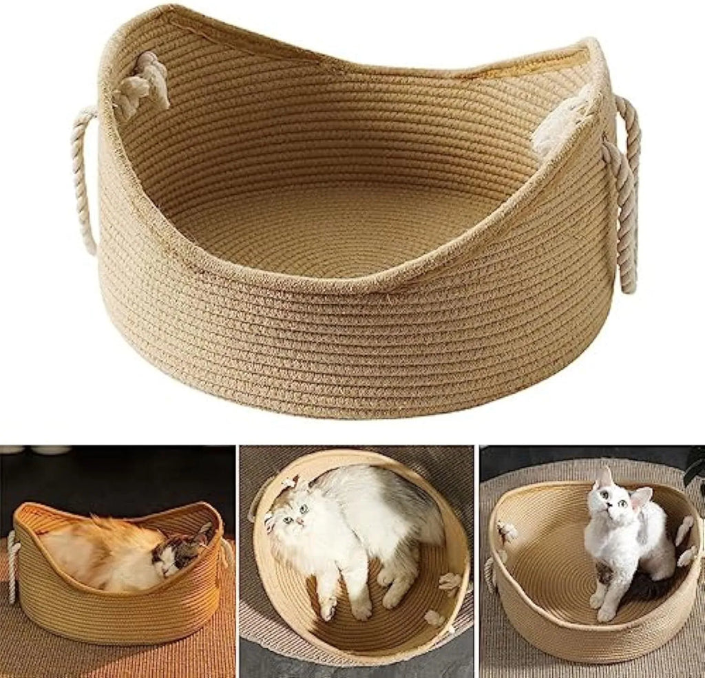Wicker-style cat bed basket with corrugated scratching surface in two size options