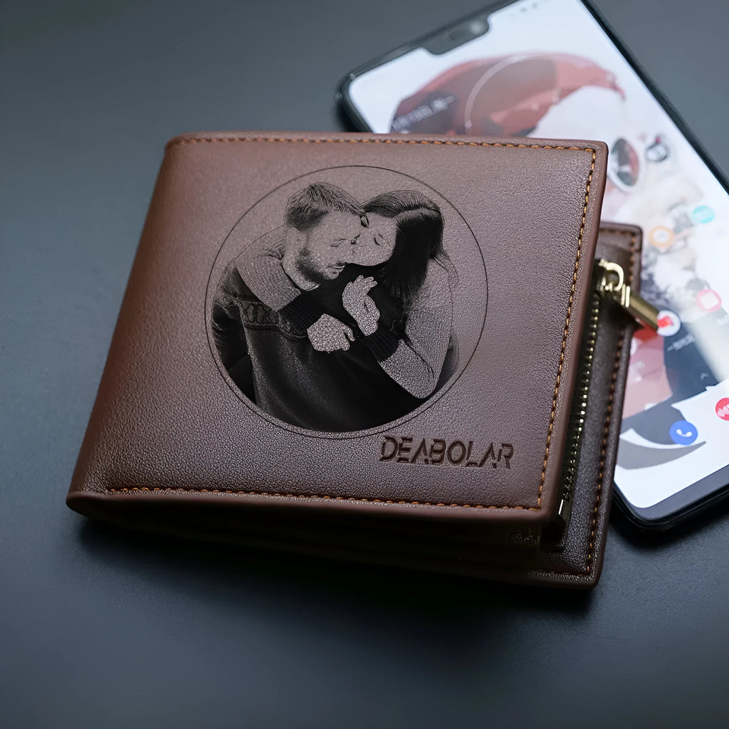 Men's leather wallet with a zipper closure, presented in individual packaging.