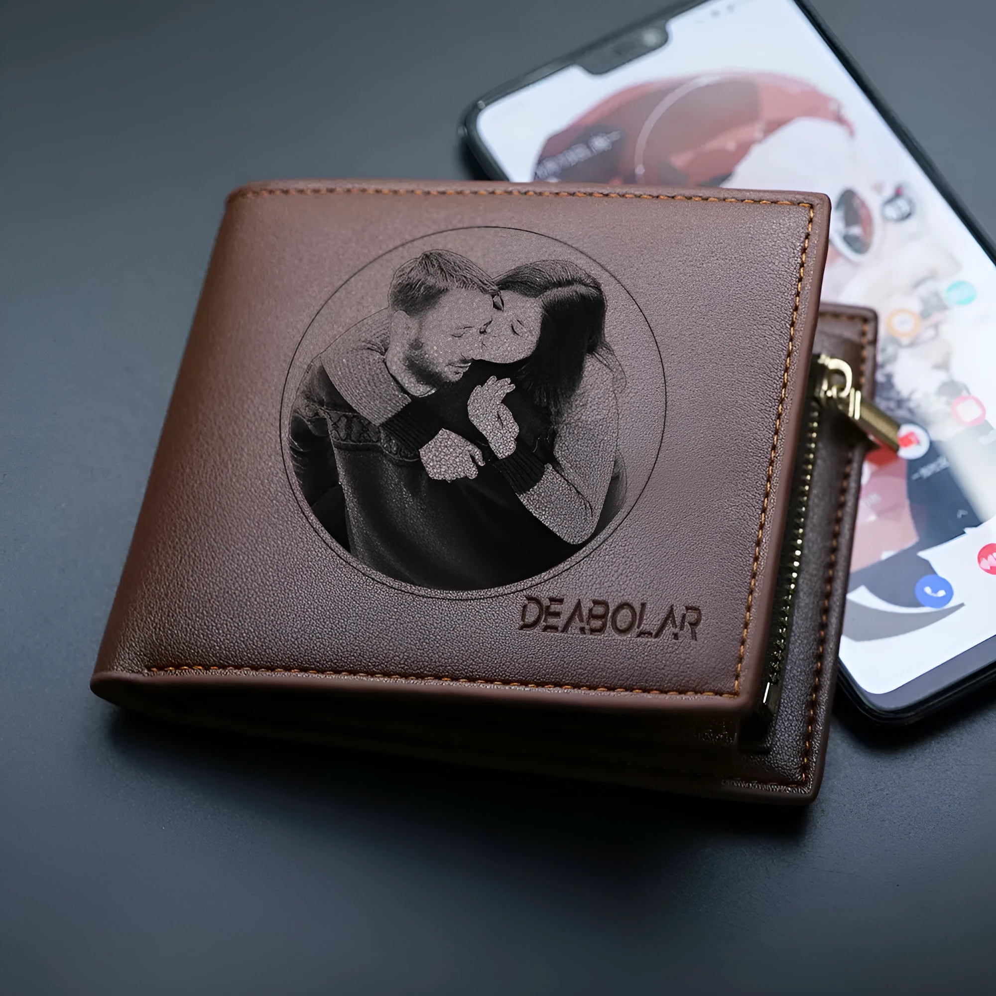 Men's leather wallet with a zipper closure, presented in individual packaging.