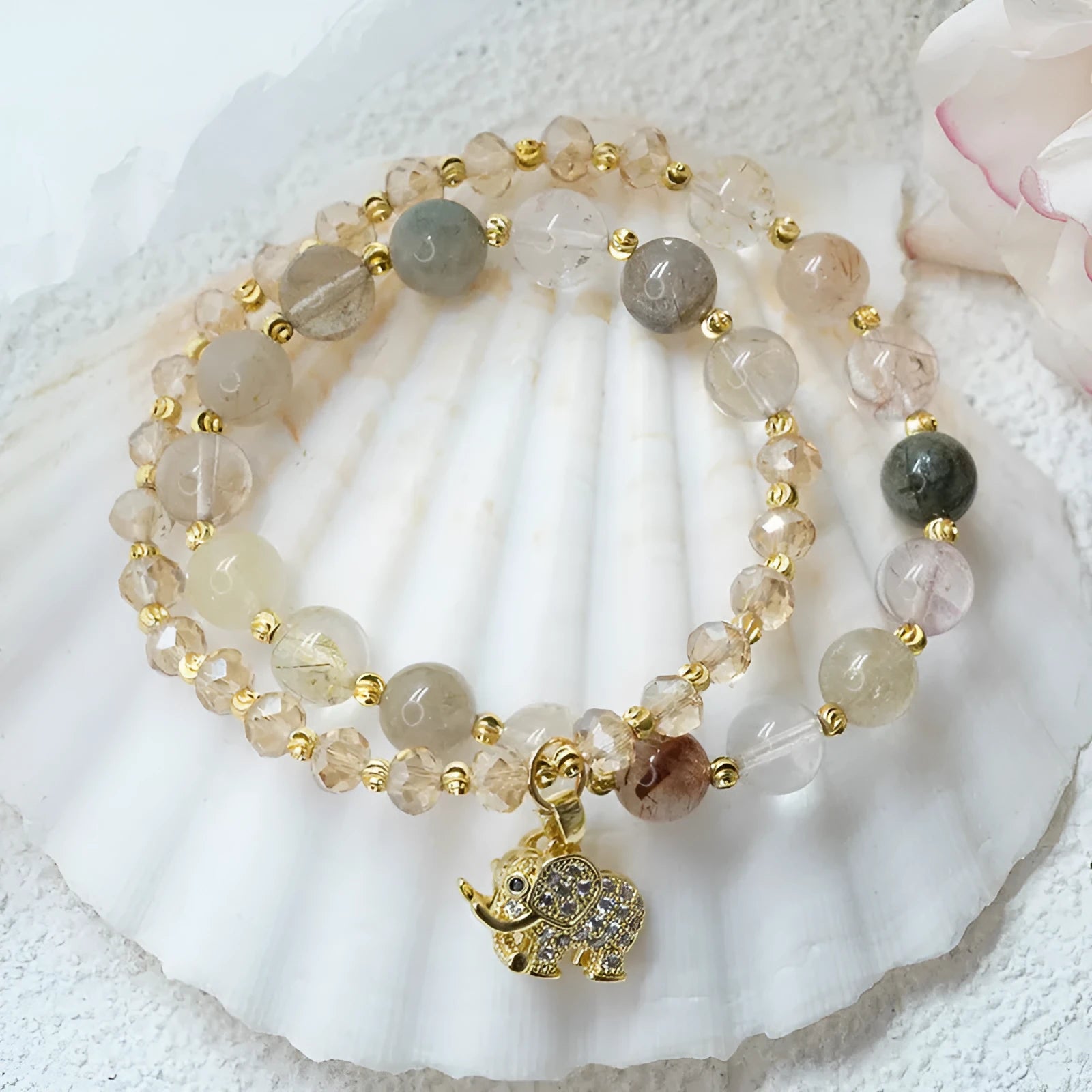 Retro colour hair crystal bracelet for women with strawberry quartz accents and ethnic design details