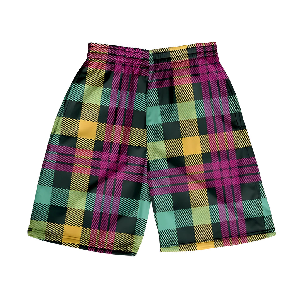 Man wearing straight-fit plaid casual shorts with an elastic waistband.