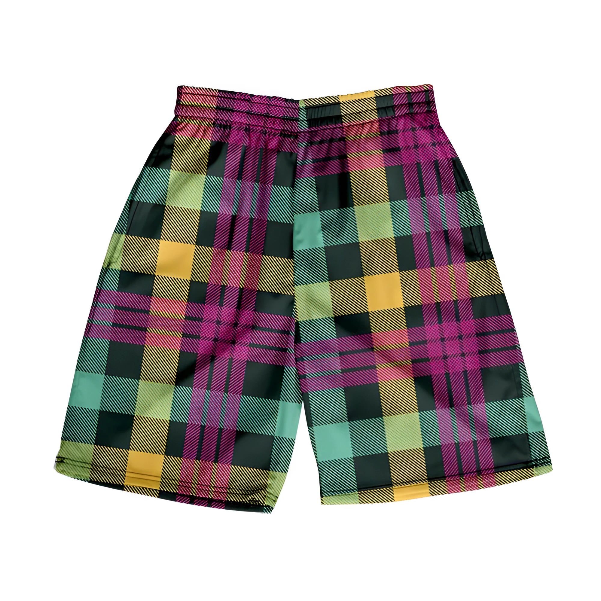 Man wearing straight-fit plaid casual shorts with an elastic waistband.