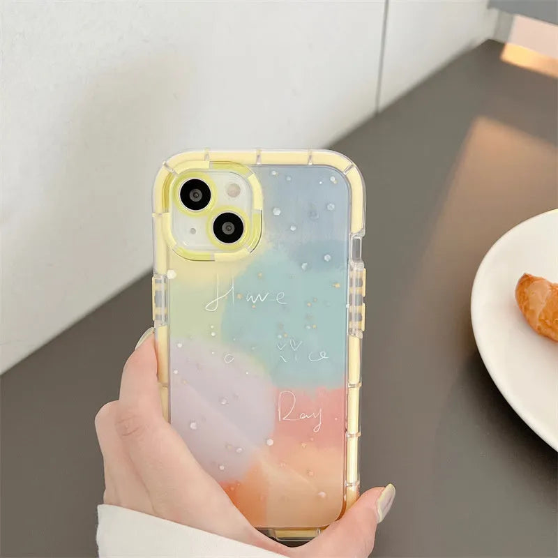Minimalist contrast colour silicone iPhone case with yellow edge trim shown on iPhone