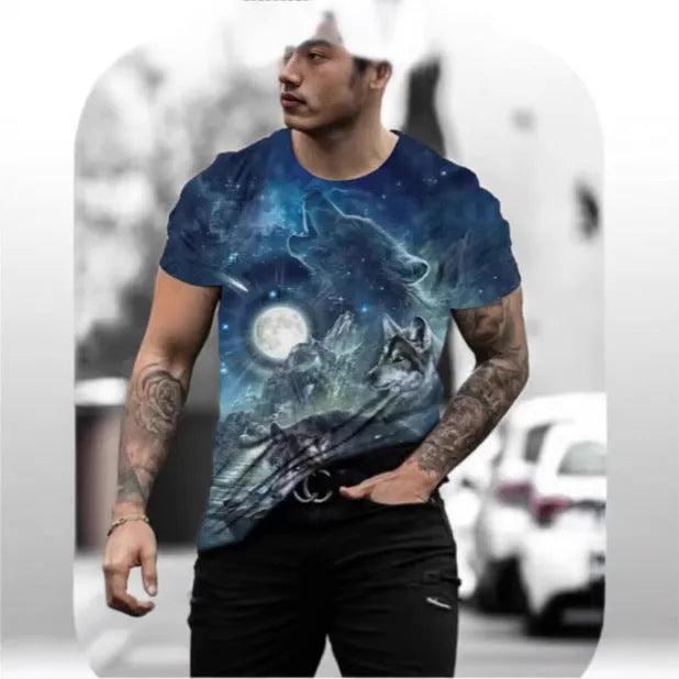 Men's grey T-shirt with a retro-style 3D digital print of an animal graphic on the front.