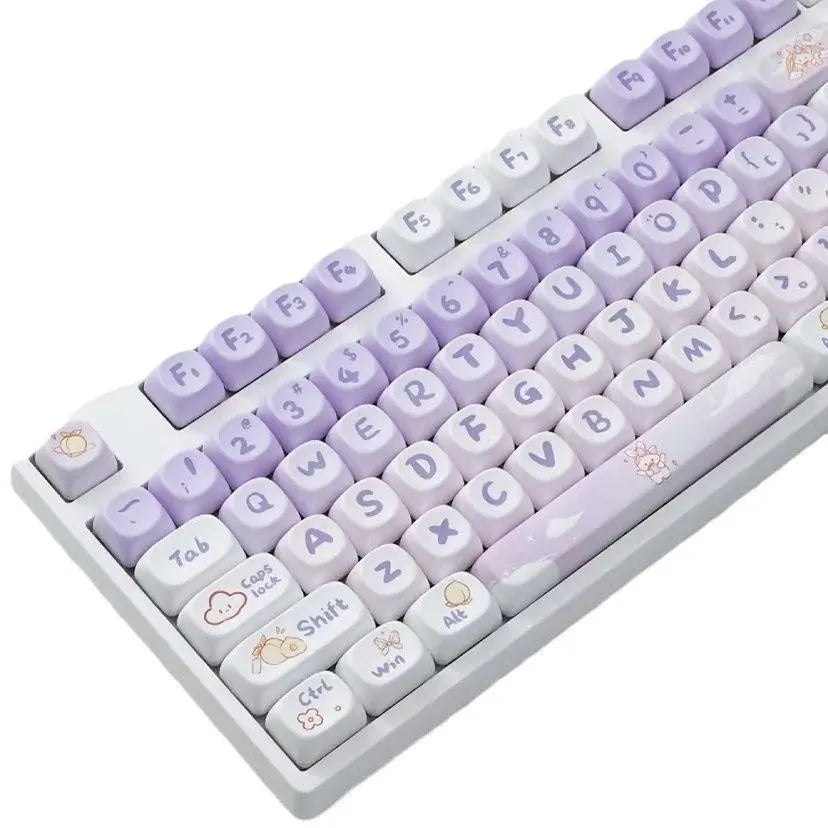 Gradient purple rabbit design PBT keycap set for mechanical keyboards on a white background.