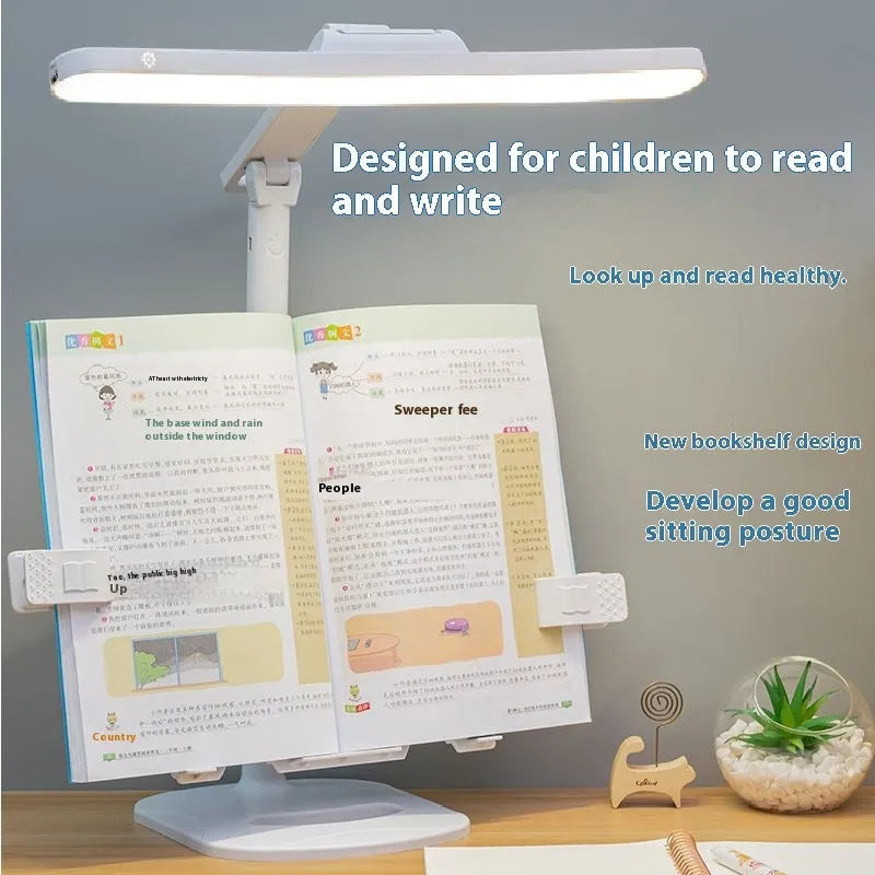 Adjustable desk lamp with a small attached shelf, showing three light temperature settings and a rechargeable battery.