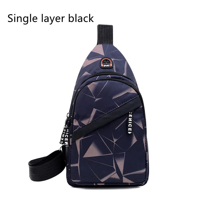Men's blue oxford cloth sling chest bag with earphone hole and adjustable shoulder strap