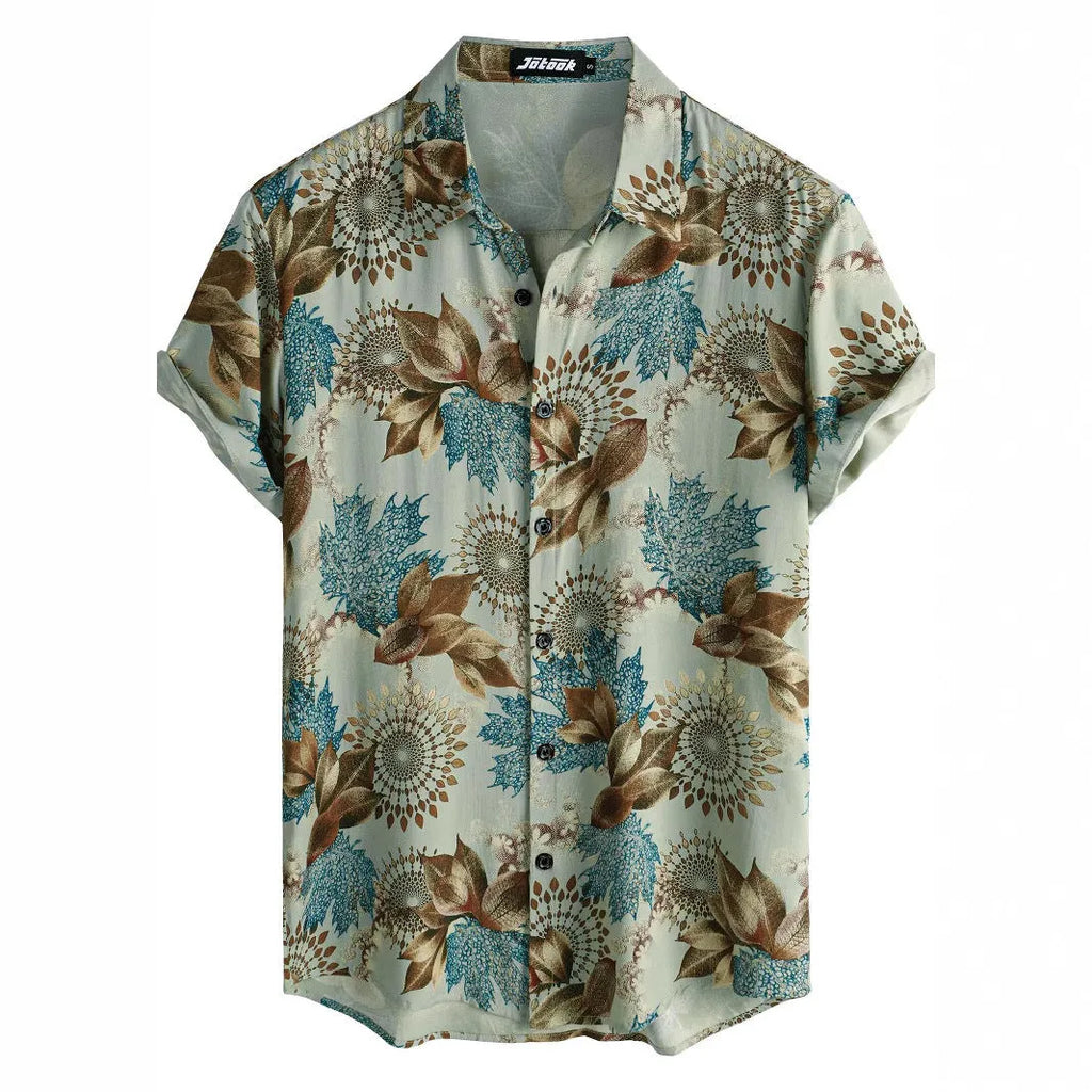 Hawaiian printing lapel short sleeve shirt with floral pattern and cardigan style