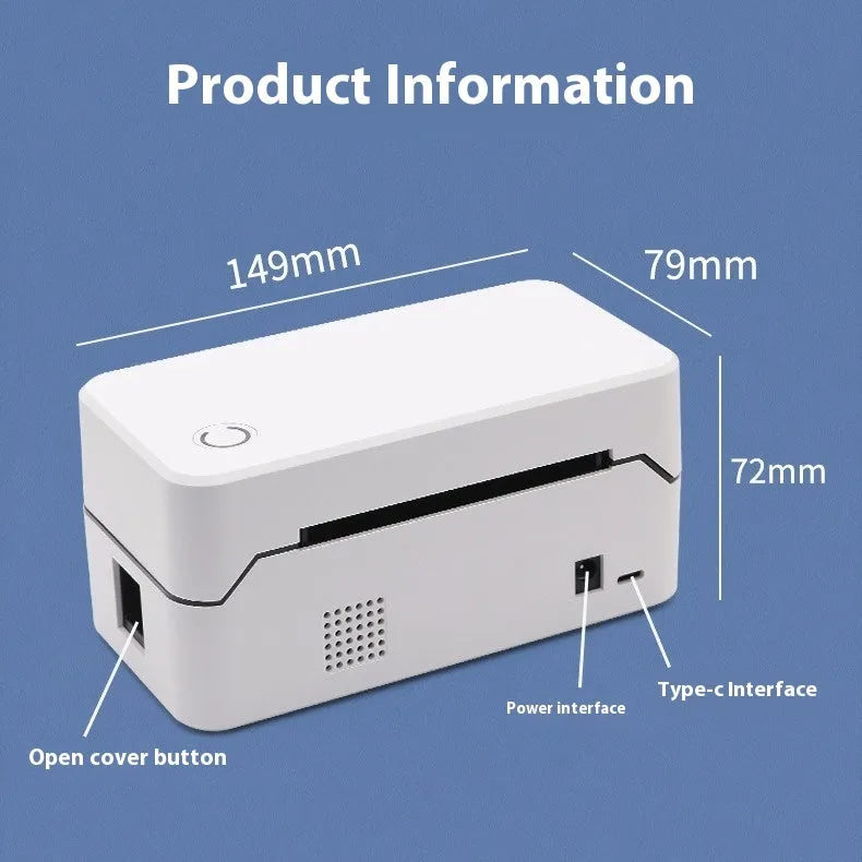 Compact thermal express printer with Bluetooth for receipts and orders, dimensions 149mm x 79mm x 72mm.